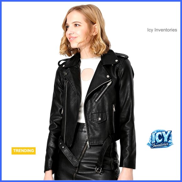 Faux Leather Moto Jacket Zip-up Slim Biker Coat with Pockets